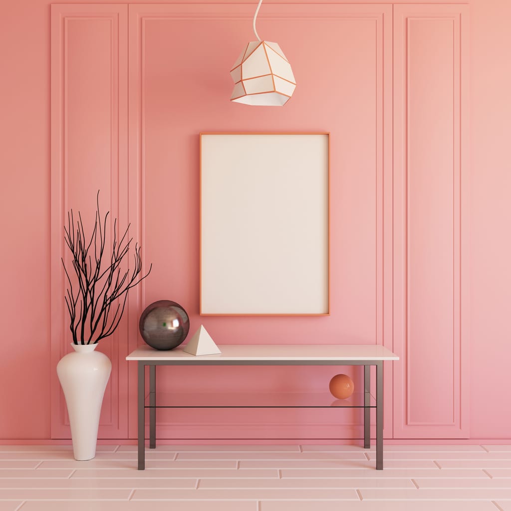 Interior mockup 3d Interior mockup illustration, 3d render, pink wall with blank board