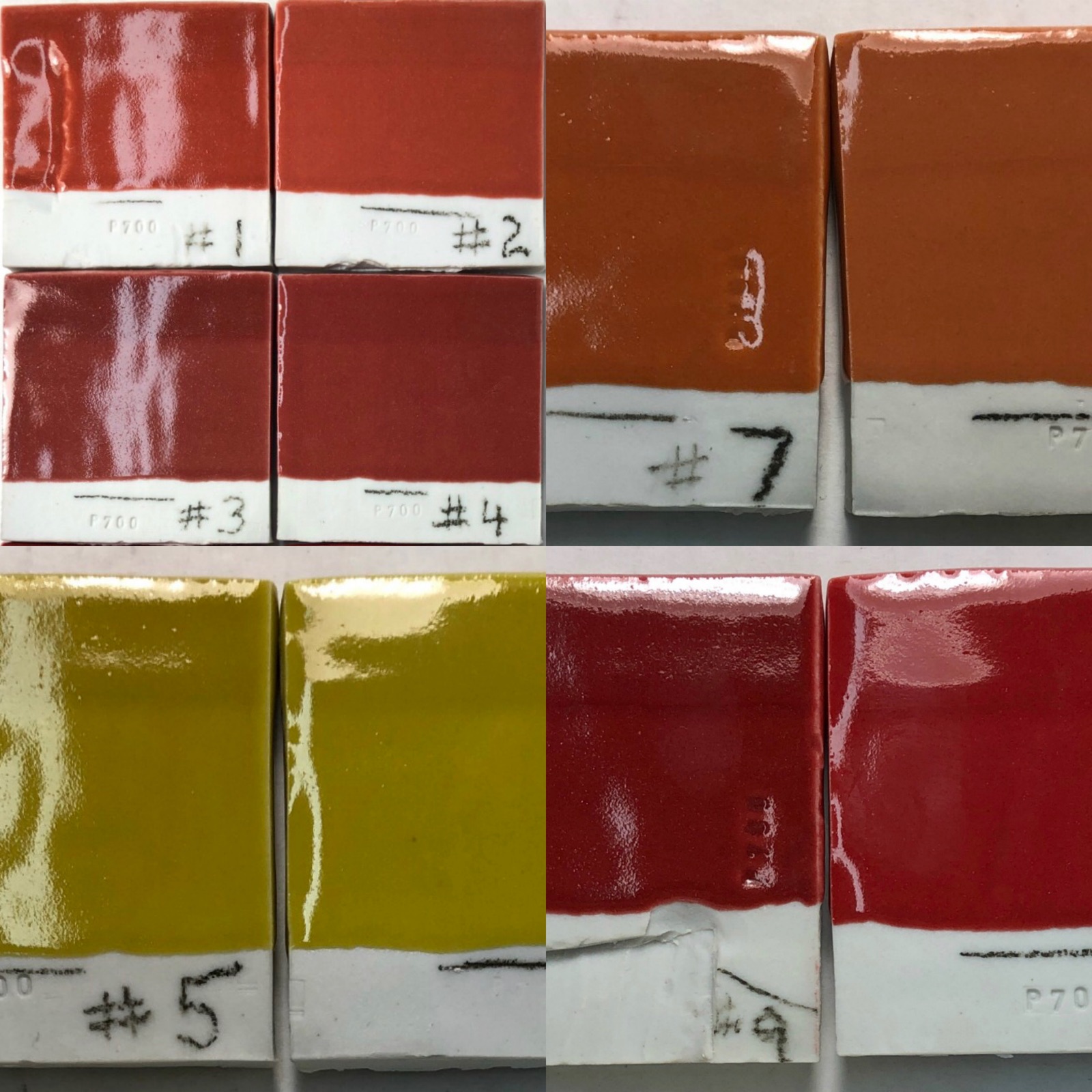 Cone 10R porcelain tiles with bright glossy reds, yellow, orange glazes