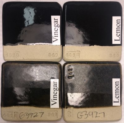 Black-glazed sample tiles showing leaching