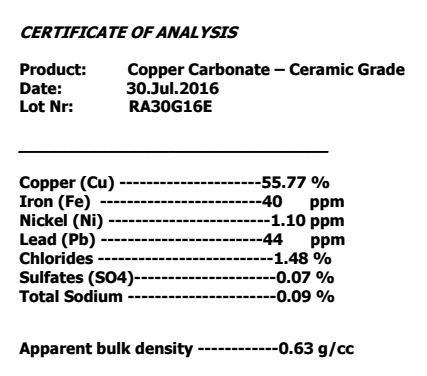 Example Of A Data Sheet For Copper Carbonate