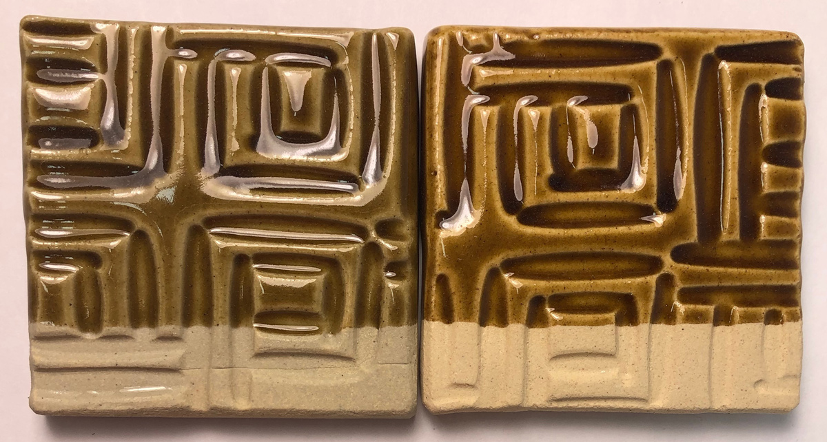 Two glazed tiles, showing Alberta Slip mixed 80:20 with two different frits