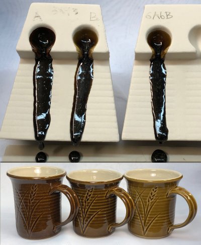 Melt fluidity testers show similar flow but the amber clear glaze on the mugs shows some differences