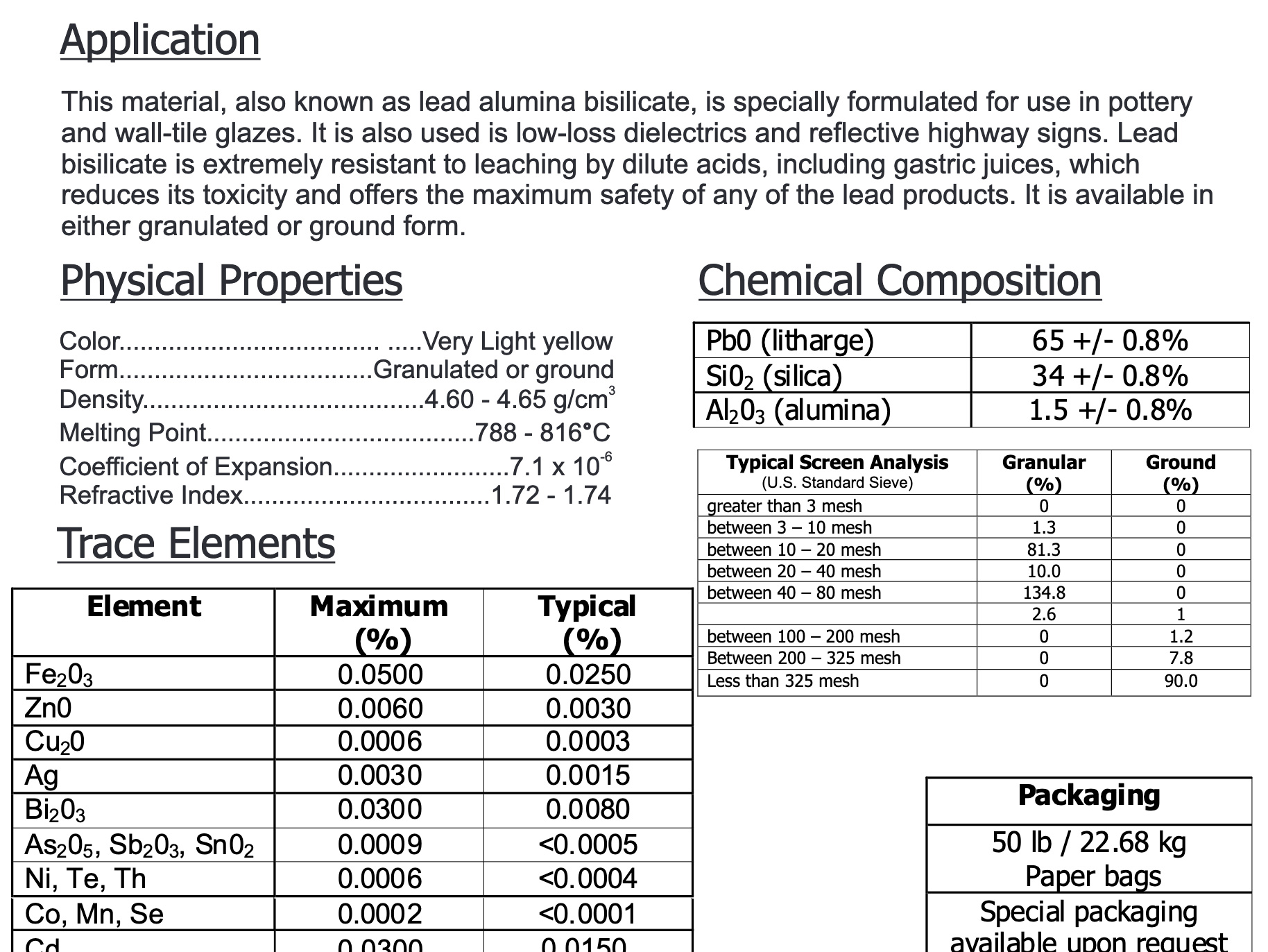 A lead bilicate data sheet