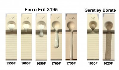 Melt flow tests showing the a frit melting from 1550-1750F, Gerstley Borate from 1600-1625F.