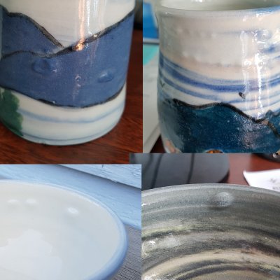 Four pottery pieces with bubbles and bloating