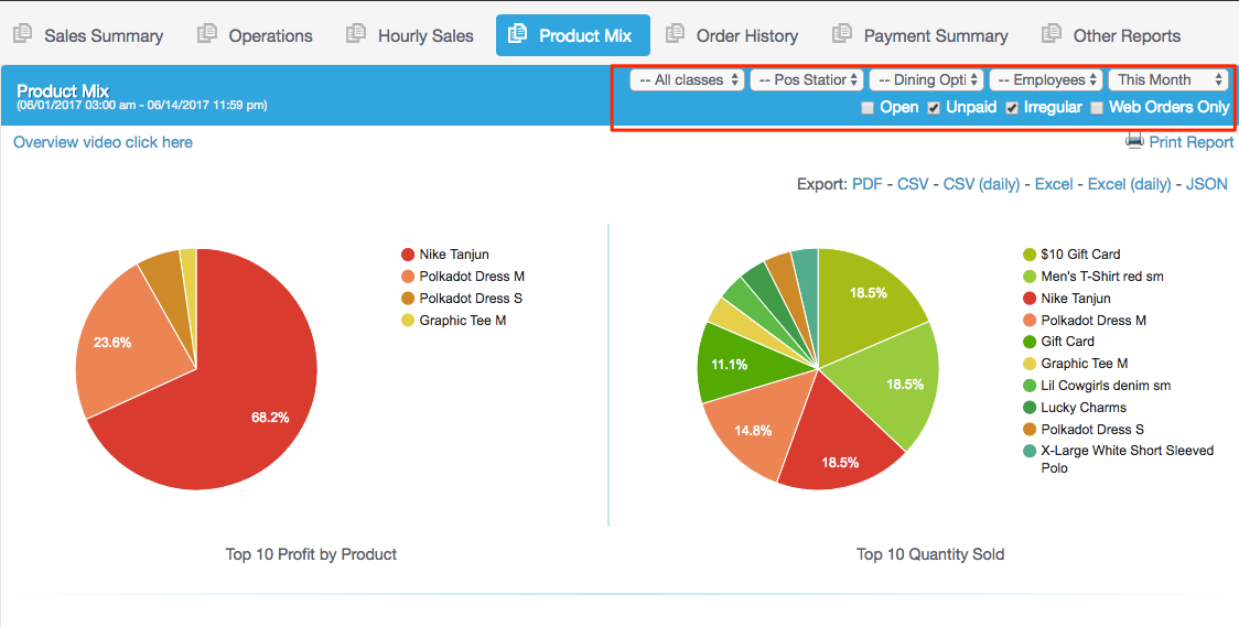 product mix report revel