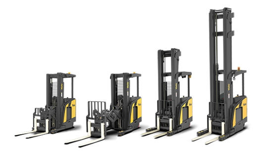 A row of four Yale Narrow Reach Trucks illustrating the forks and mast movement available on the model.