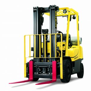 A gas powered Yale forklift with pneumatic tires.