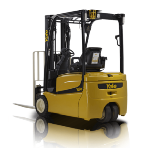 A three-wheeled eletric Yale forklift with cushion tires.