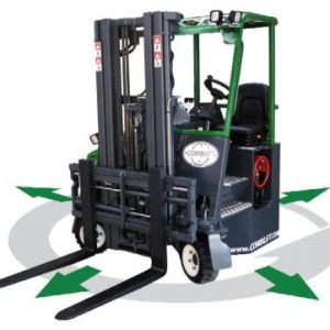 A Combilift multi-directional forklift with arrows showing the different ways the mast can turn and lift loads.