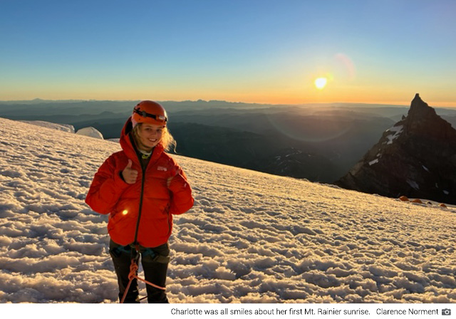 Charlotte is all smiles about her first Rainier sunrise