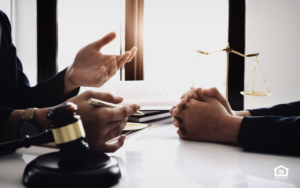 Close up of hands in meeting. Gavel in foreground.