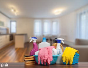 Clean Milford Rental Home Living Room with Cleaning Supplies