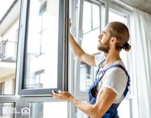 Workman in overalls installing windows in an apartment living room