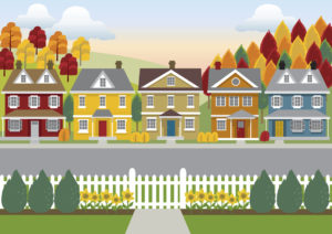 artistic depiction of a row of quaint houses in the Autumn countryside