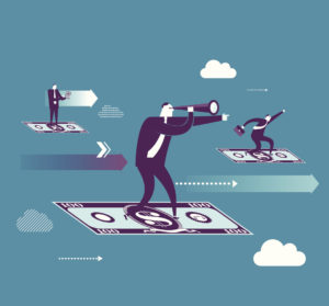 illustration of paper money being ridden by business men like magic carpets