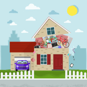 illustration of a house that is bursting with the sheer number of items stored within