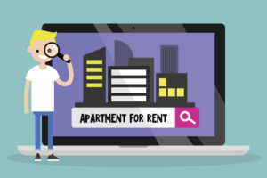 animated blonde young male looking through a magnifying glass for an apartment to rent online.