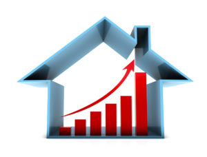 illustration of house with several bar charts increasing with an arrow showing the increasing trend