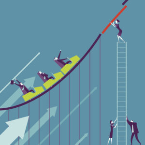 illustration of business men riding roller coaster that is about to launch them to their death while business women are working to fix the missing part of track and save their lives