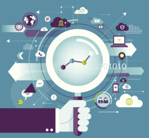 illustration of magnifying glass over all manner of various elements of life