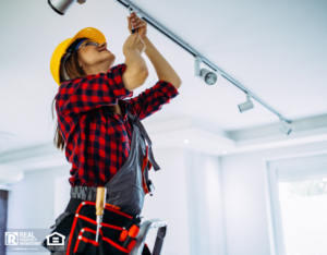 Woman in Hardhat Working on Lighting Fixture in Rental Property