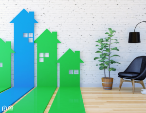 3D House-shaped arrow bar graph go upward in living room