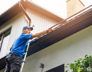 Man on ladder cleaning house gutter from leaves and dirt