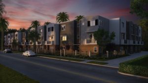 exterior of condominiums at night