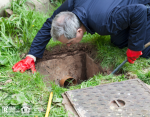 Drain being cleared by worker in navy overalls.