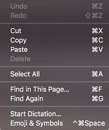 A system-wide MacOS Edit menu that groups Undo/Redo, Cut/Copy/Paste/Delete, Select All, Find in This Page…/Find Again, and finally Start Dictation…/Emoji & Symbols.