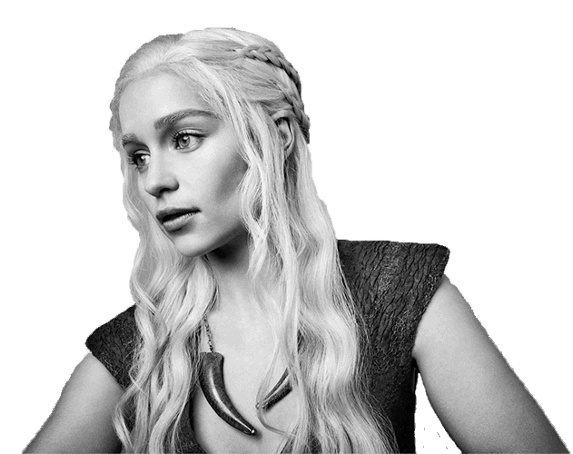 Black and white photograph of Emilia Clarke as Daenerys Targaryen