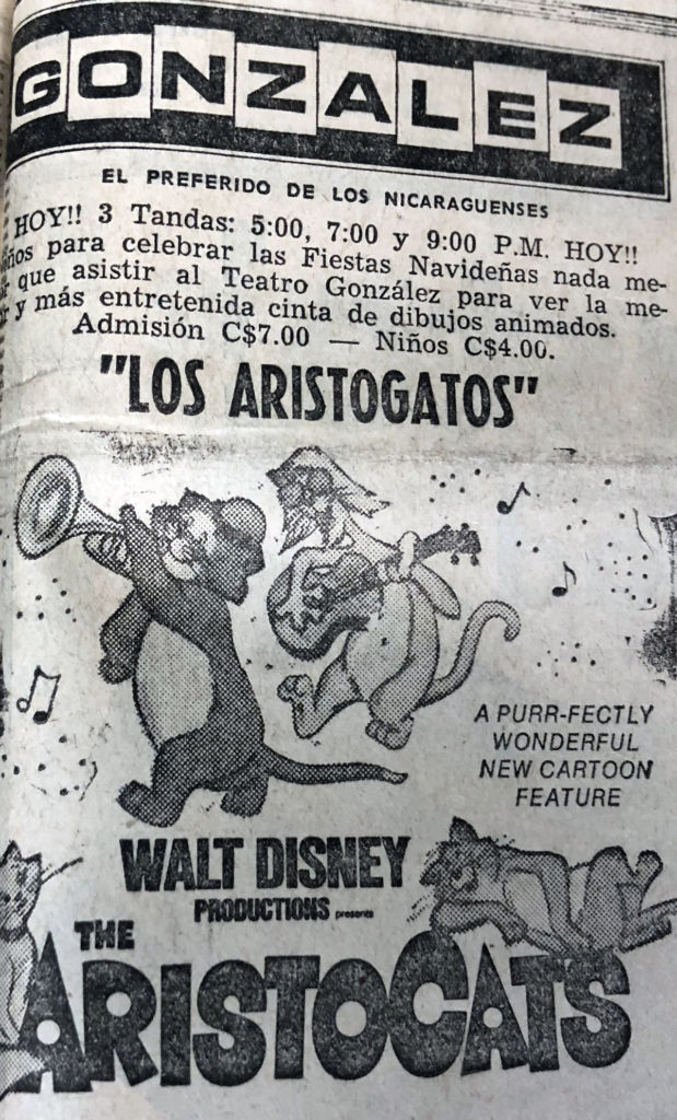 Anuncio de la película Los Aristogatos del Cine González en la última edición de LA PRENSA de 1972, el día 22 de diciembre. LA PRENSA / Reproducción