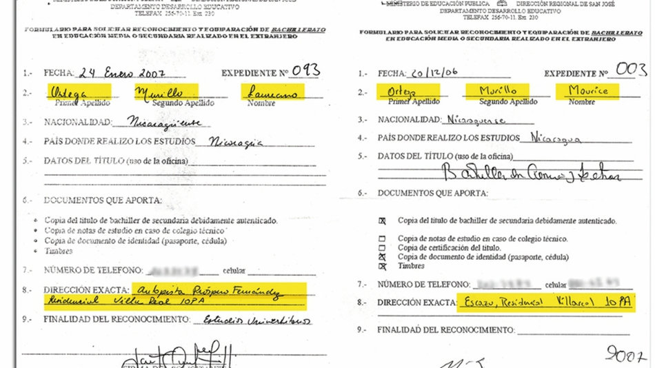 Documentos de 2007 y 2006 que muestran el trámite de Laureano y Maurice Ortega ante el Ministerio de Educación Pública de Costa Rica para validar sus títulos de bachillerato de colegio antes de estudiar en la Universidad Veritas. Ambos ponen como dirección domiciliar la mansión de Roberto Rivas. LA PRENSA / CORTESÍA LA NACIÓN
