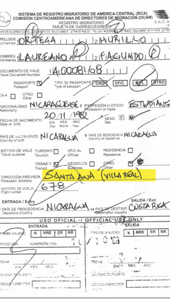 Registro migratorio de Laureano Ortega Murillo al ingresar a Costa Rica por vía aérea. En el documento el joven puso como dirección domiciliar la mansión de Roberto Rivas. LA PRENSA / CORTESÍA DE LA NACIÓN