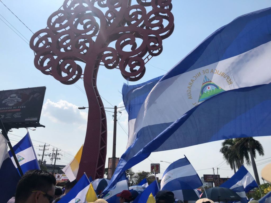 Uno de los llamados "chayopalos" se encuentra con el mar de banderas de Nicaragua que la población trae consigo. LA PRENSA / Fabrice Le Lous