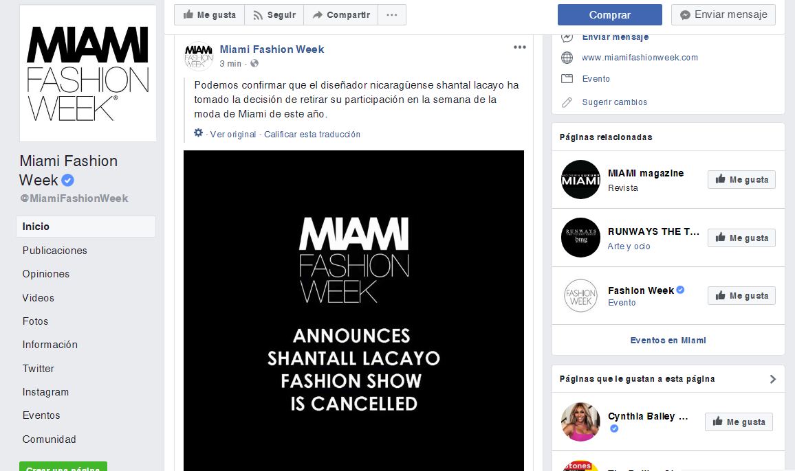 Esta es la segunda publicación en la página oficial del Miami Fashion Week, donde informaron que la diseñadora decidió retirarse del evento. LA PRENSA/CAPTURA