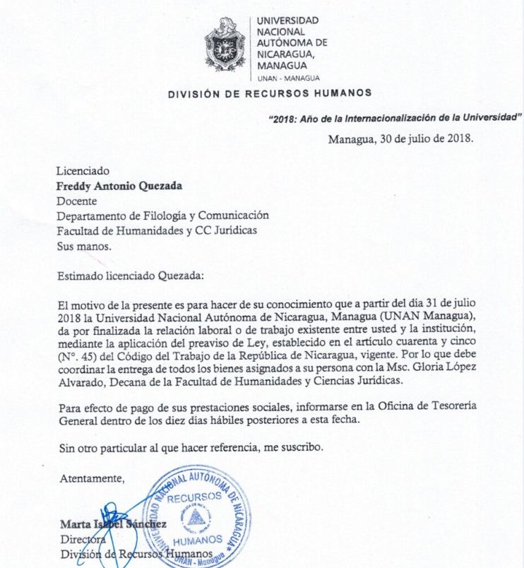 Docente de UNAN-Managua denuncia su despido 