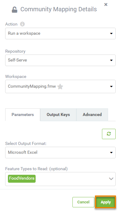 Setting the run a workspace action parameters