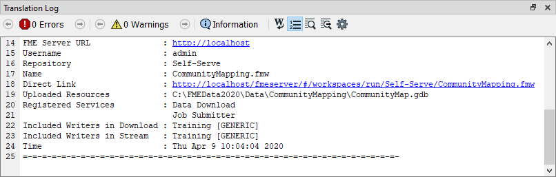 Viewing workspace Direct Link in Translation Log