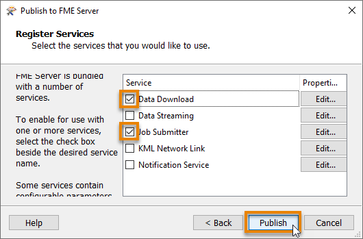 Selecting services to use with published workspace
