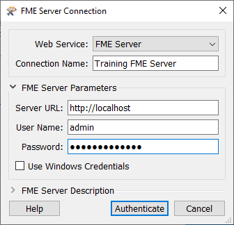 Filling in FME Server Connection parameters