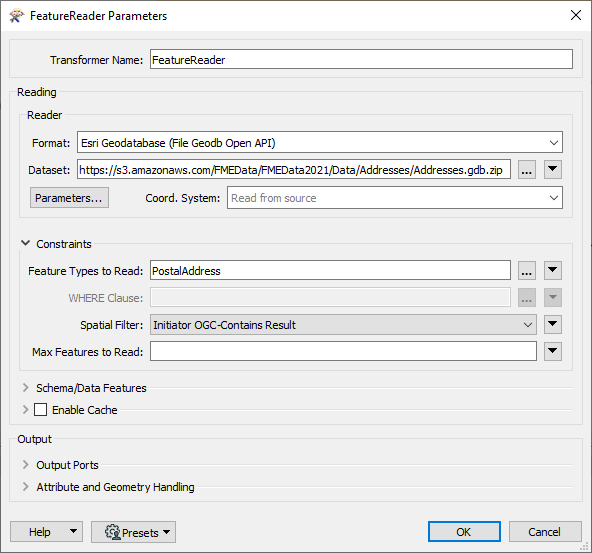 FeatureReader parameters