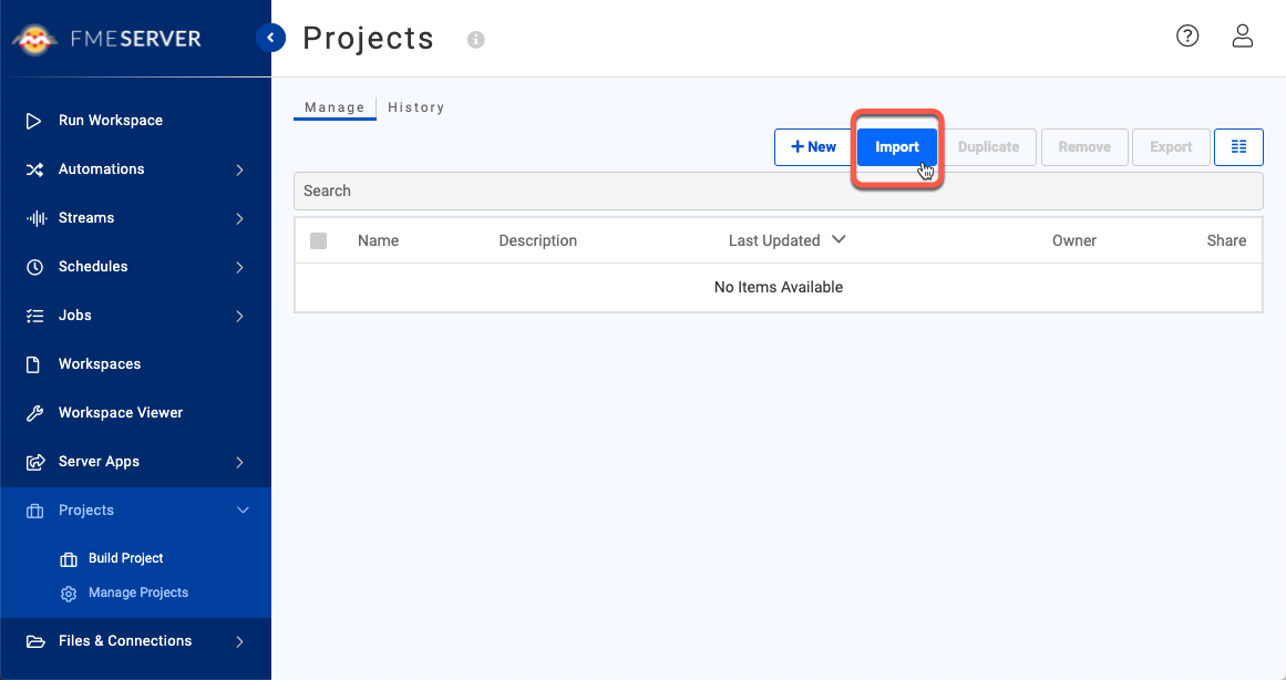 Importing an FME Server project