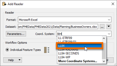 Selecting coordinate system