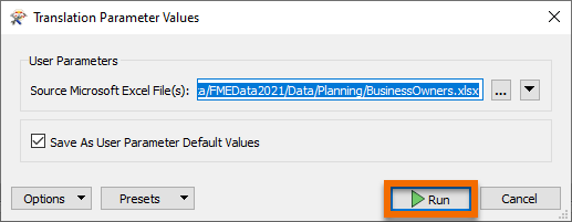 Confirming Translation Parameter Values dialog