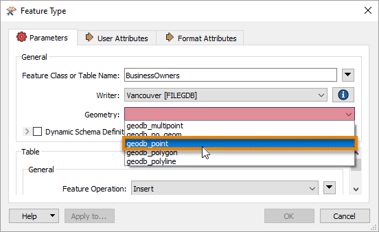 Setting writer feature type geometry type