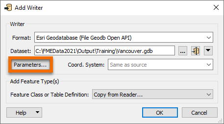 Parameters button