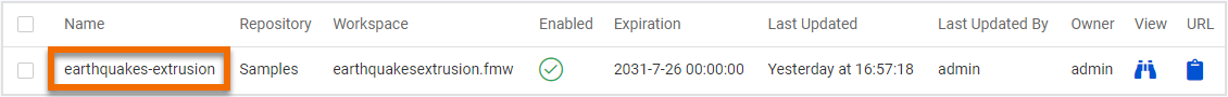 Selecting earthquakes-extrusion from Manage Workspace Apps page