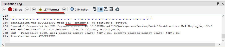 Viewing warnings in the log